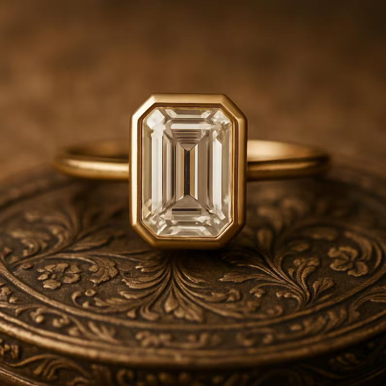 3 Ct Emerald Cut Moissanite Ring Bezel Set 925 Silver 14k Gold Plated