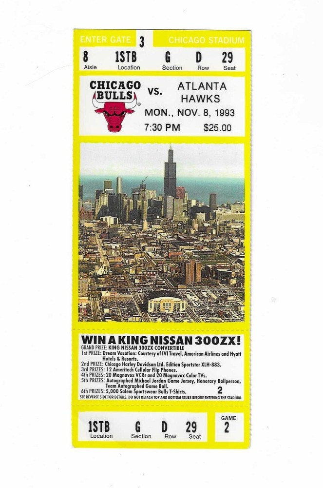 Chicago Bulls vs Atlanta Hawks Unused Basketball Ticket from 11/8/1993