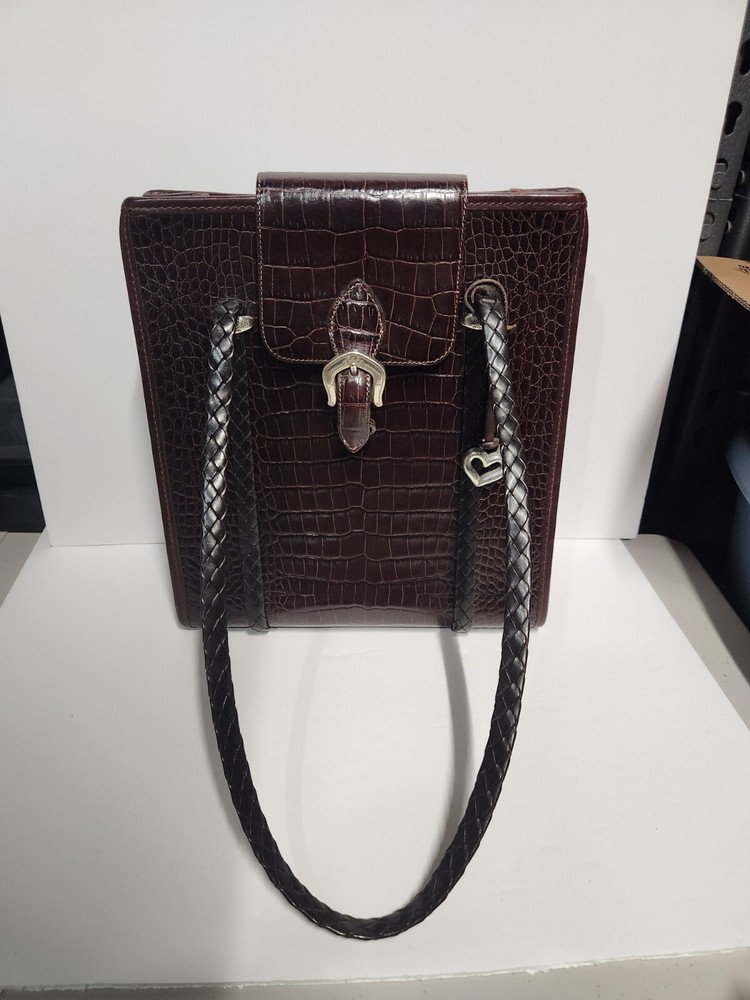 Vintage Brighton Brown Leather Croc Embossed Large Shoulder Handbag