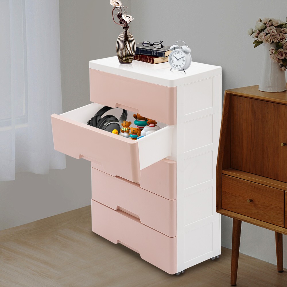Pink 5-Drawer Chest Storage Dresser Tower for Bedroom Organization