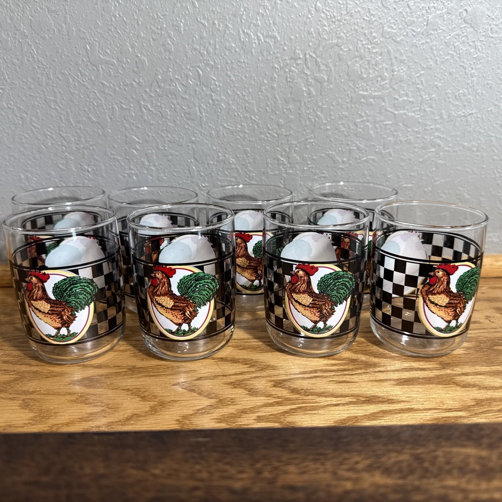 Libbey Country Rooster Drinking Glasses * SET OF 8 * Short Juice Style Glasses