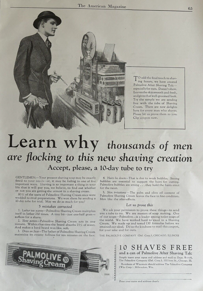 1926 Palmolive Shaving Cream 10 Shaves Free Coupon Skin Men Vintage Print Ad-image