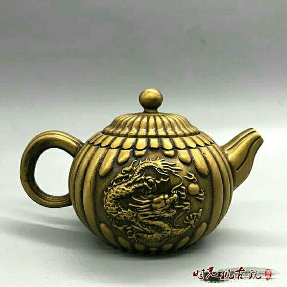 Antique Chinese Brass Flagon Statue with Double Dragons Playing Pearl