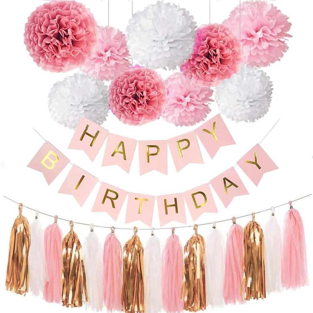 Pink Gold Glitter Happy Birthday Party Decorations Set