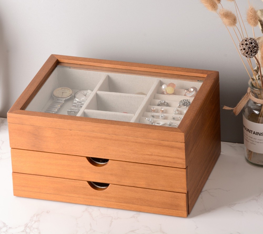 Jewelry Box with Glass Lid, 3 Layer Jewelry Organizer for Women, Solid Wooden