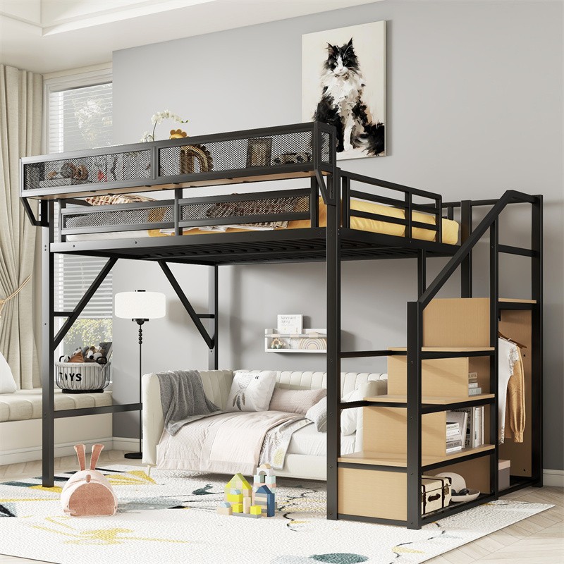 Metal High Loft Bed w/Wardrobe Stairs Storage Shelf Modern Queen Size Bed Frame