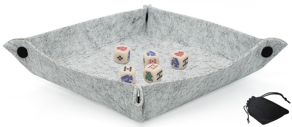 Dice Rolling Tray Folding Grey Felt Mat + Ivory Poker Dice Clubs Ace Rounded