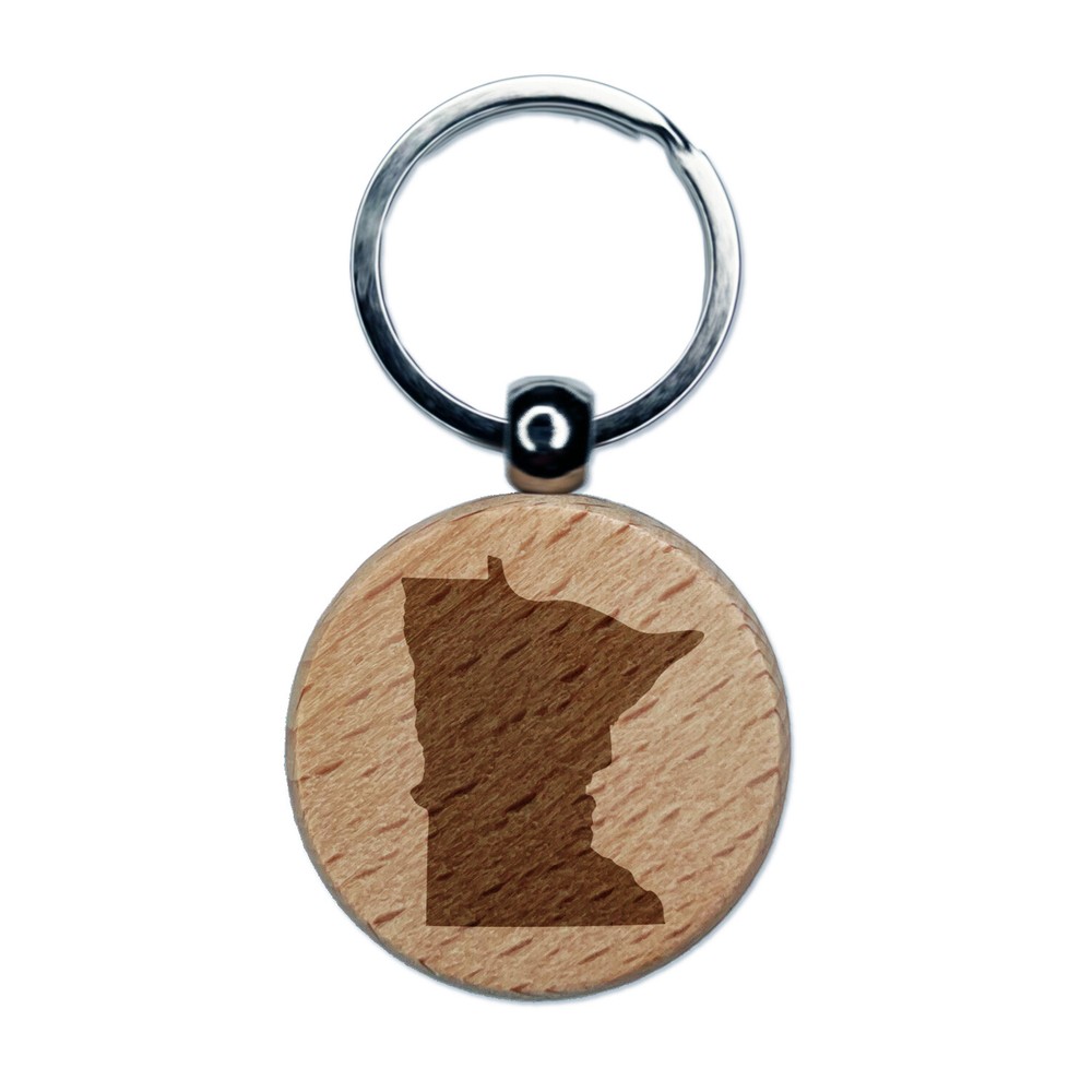 Minnesota State Silhouette Engraved Wood Round Keychain Tag Charm