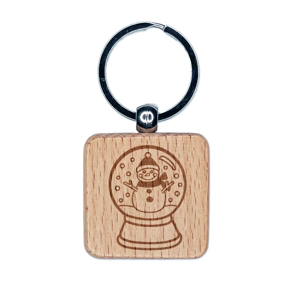 Snowman Snow Globe Wooden Keychain Winter Charm Engraved Square Tag  