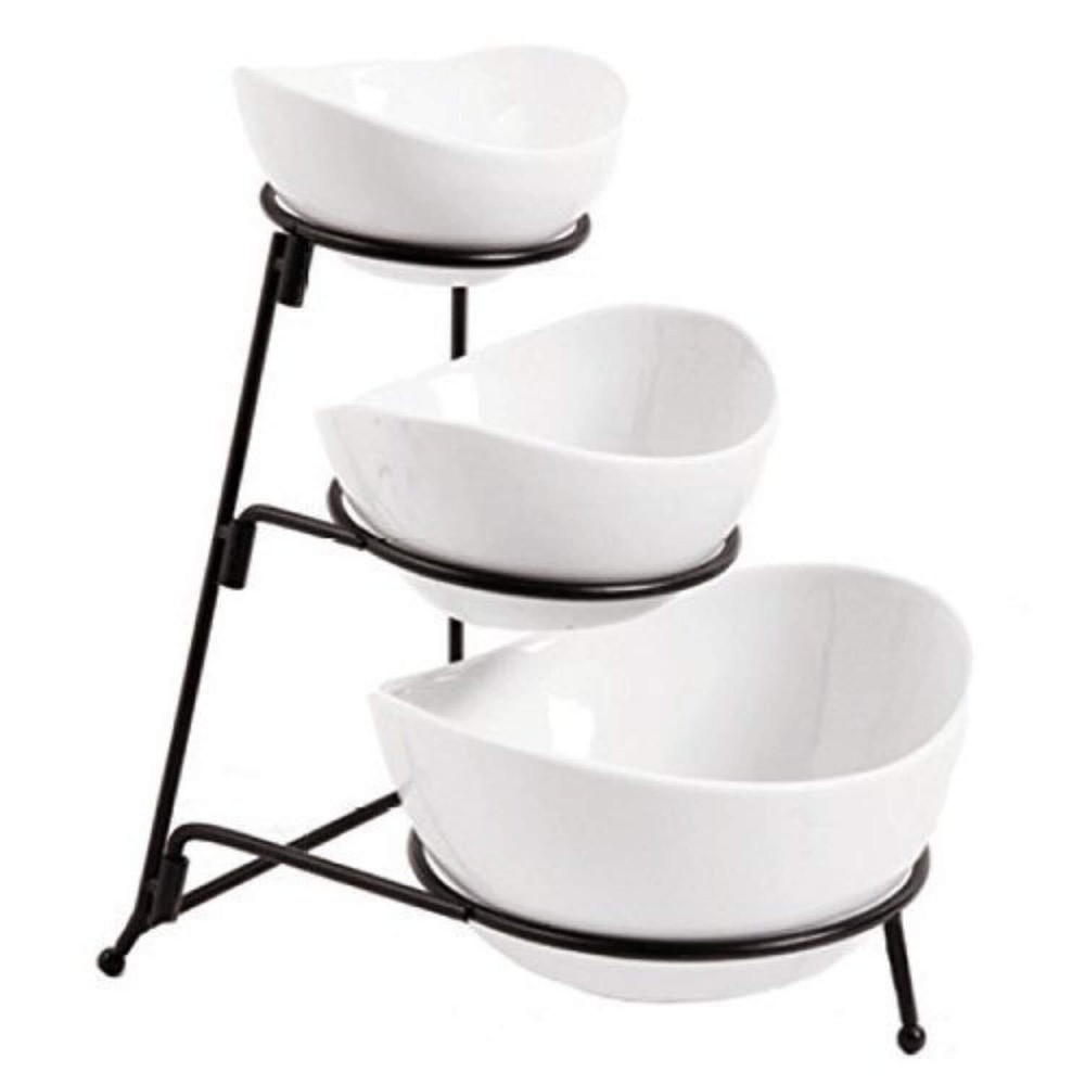 3 Tier White Oval Bowl Set with Sturdy Collapsible Metal Rack for Chips Display