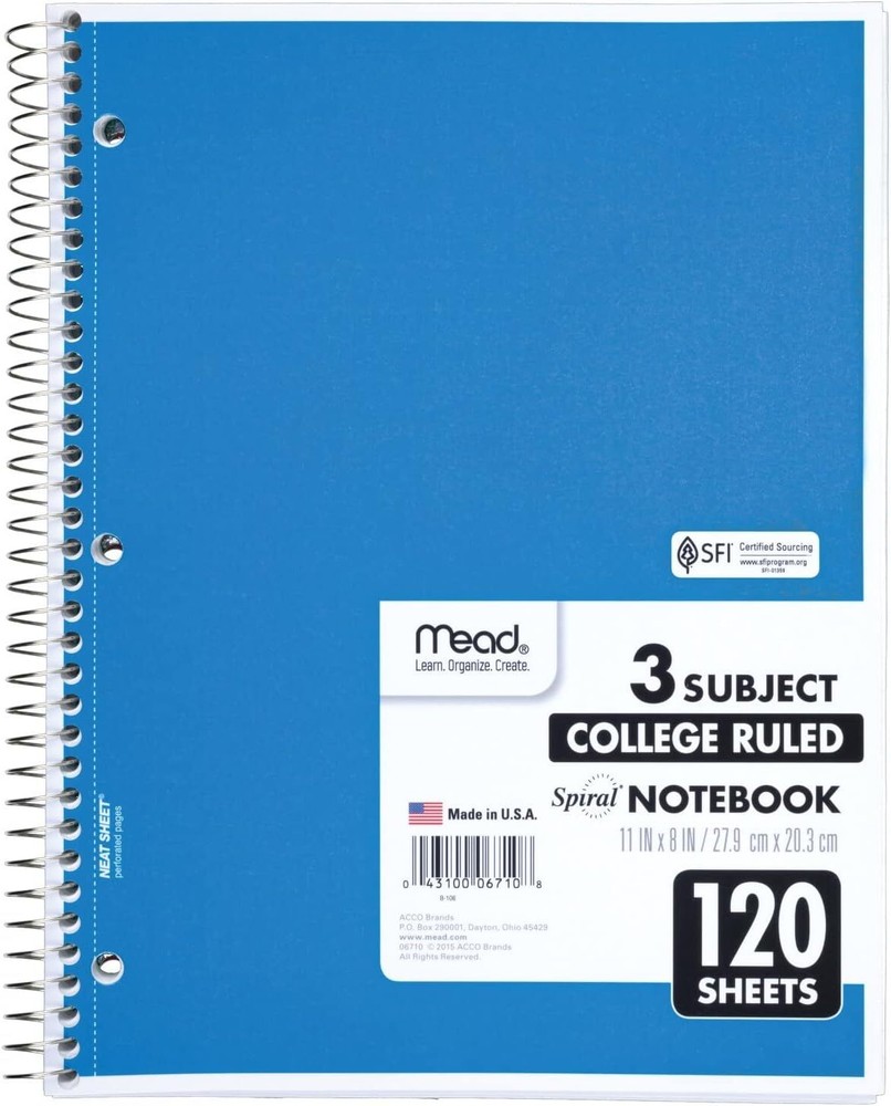 3-Subject Mead Spiral Notebook College Ruled in Assorted Colors