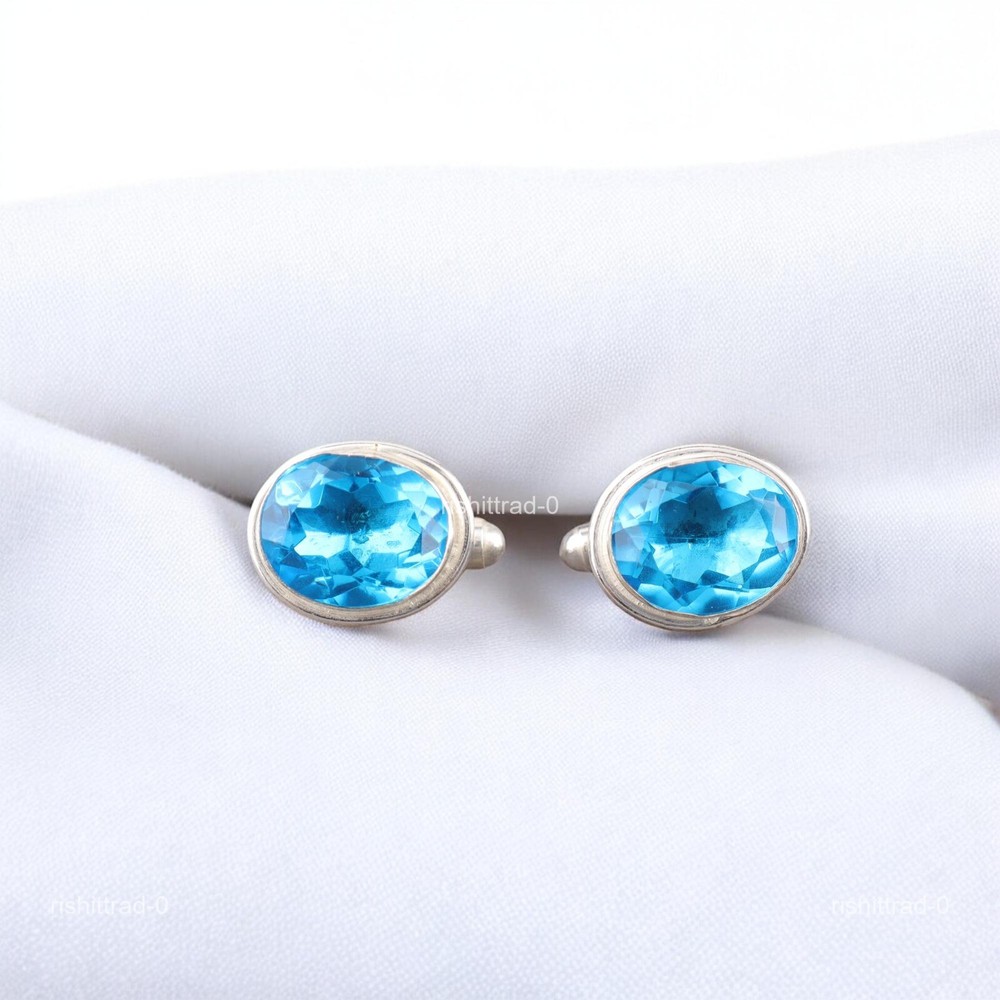 New Year Deal 925 Sterling Silver Swiss Blue Topaz Gemstone Cufflinks Jewelry
