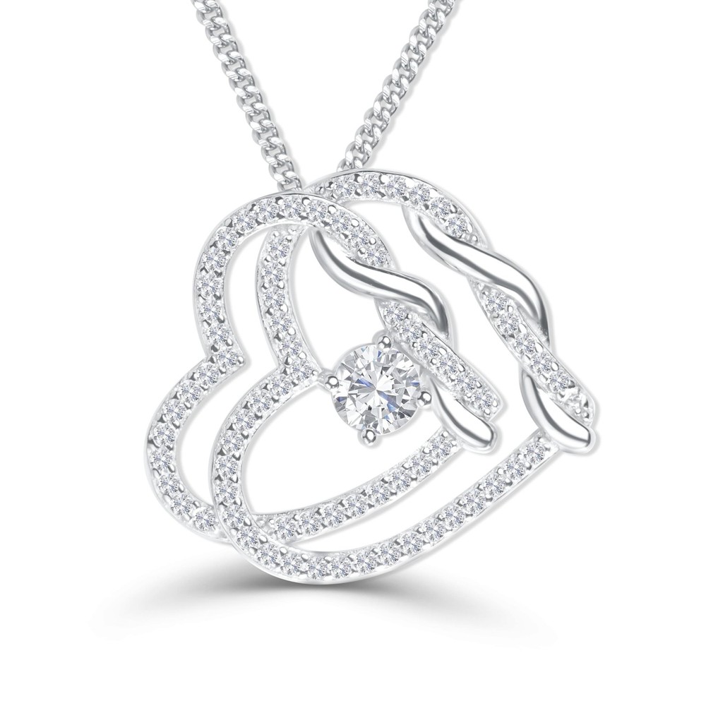 Platinum Plated Sterling Silver Heart Necklace with Birthstone, 925 Silver, C...