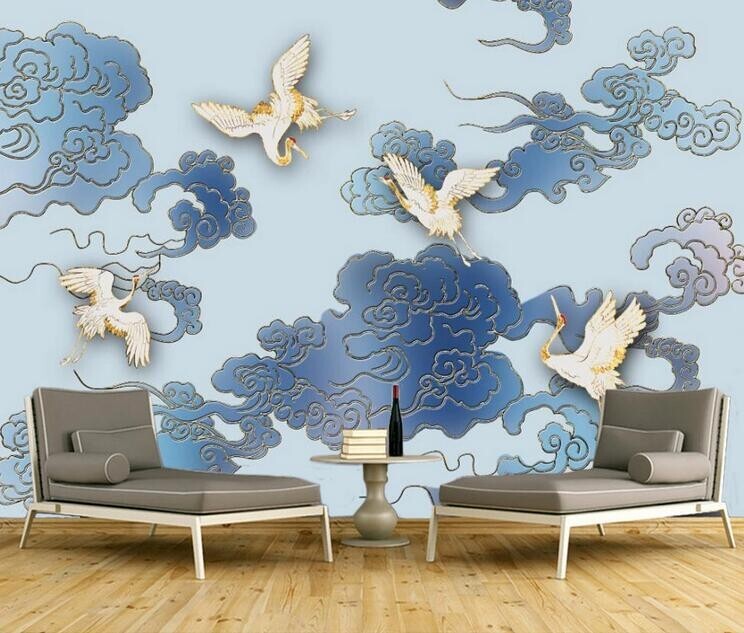 3D Blue Clouds Crane Peel and Stick Self-Adhesive Wallpaper Mural ZHUA42508