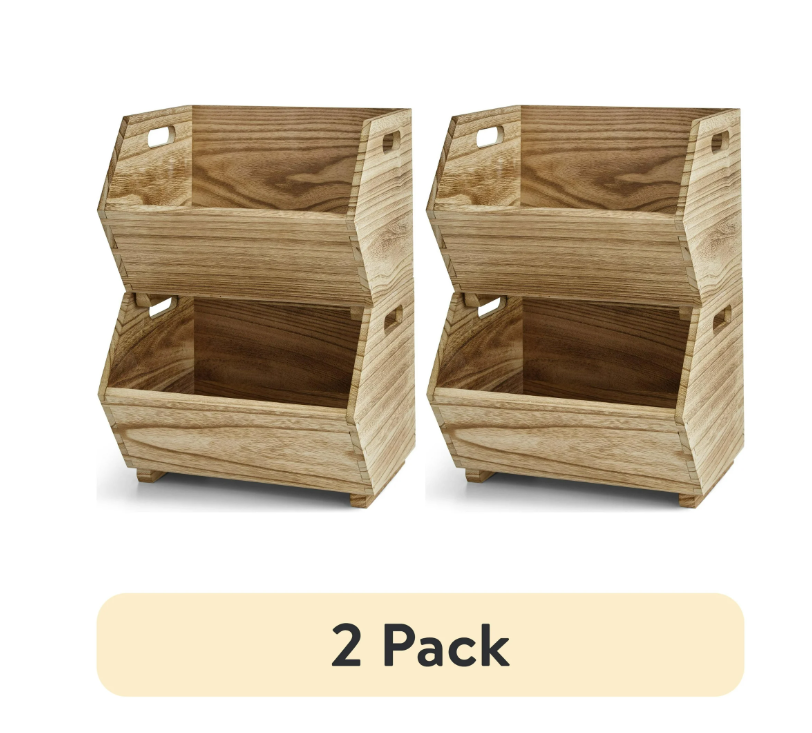 (2 pack) Better Homes & Gardens Adult Natural Wood Stacking Storage Bin Set
