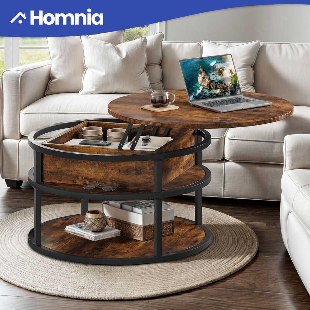 Round Wood Lift Top Coffee Table with Hidden & Open Storage and Waterproof Top
