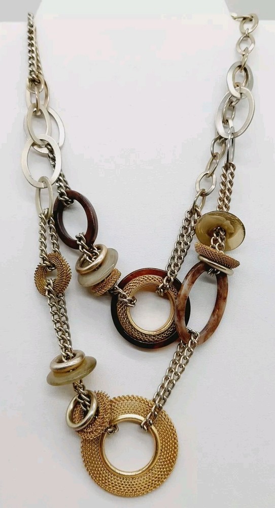 Loft Necklace Metal Acrylic Chain Brown Silver Gold Tone Amber Mesh Choker