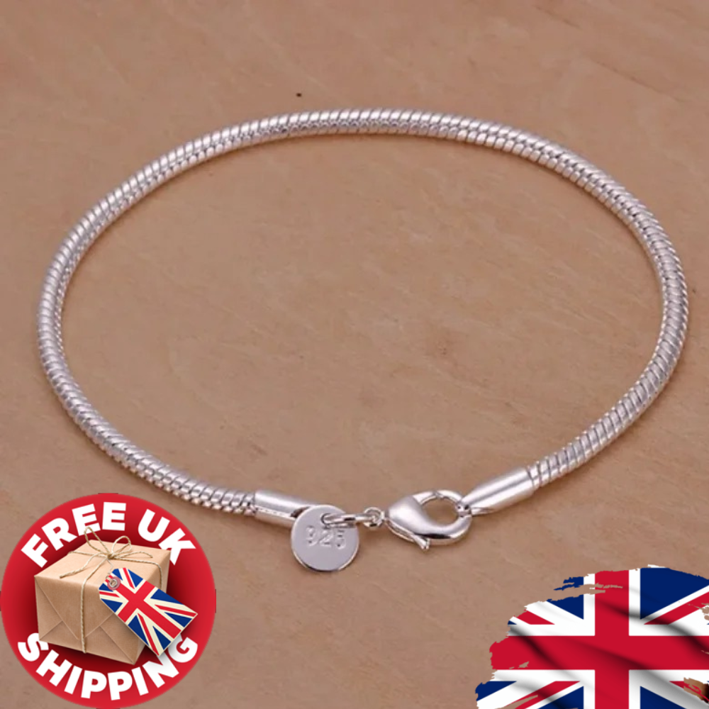 925 Sterling Silver Snake Bracelet - 3mm Rope Chain, Adjustable 8