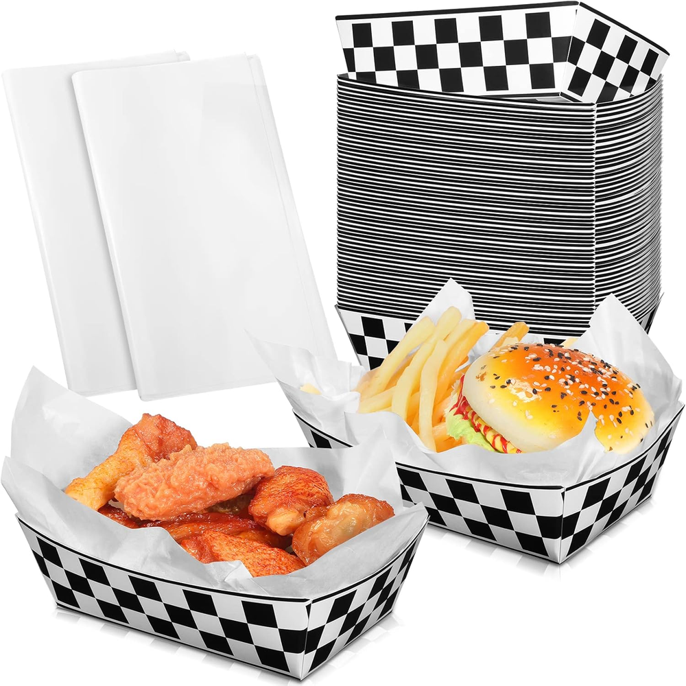 50 Disposable Checkered Deli Food Trays for Parties & Racing Events