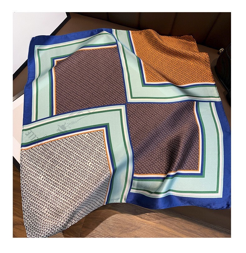 100% Silk Square Scarf Geometric Head Bandana Turban 53cm Fashion