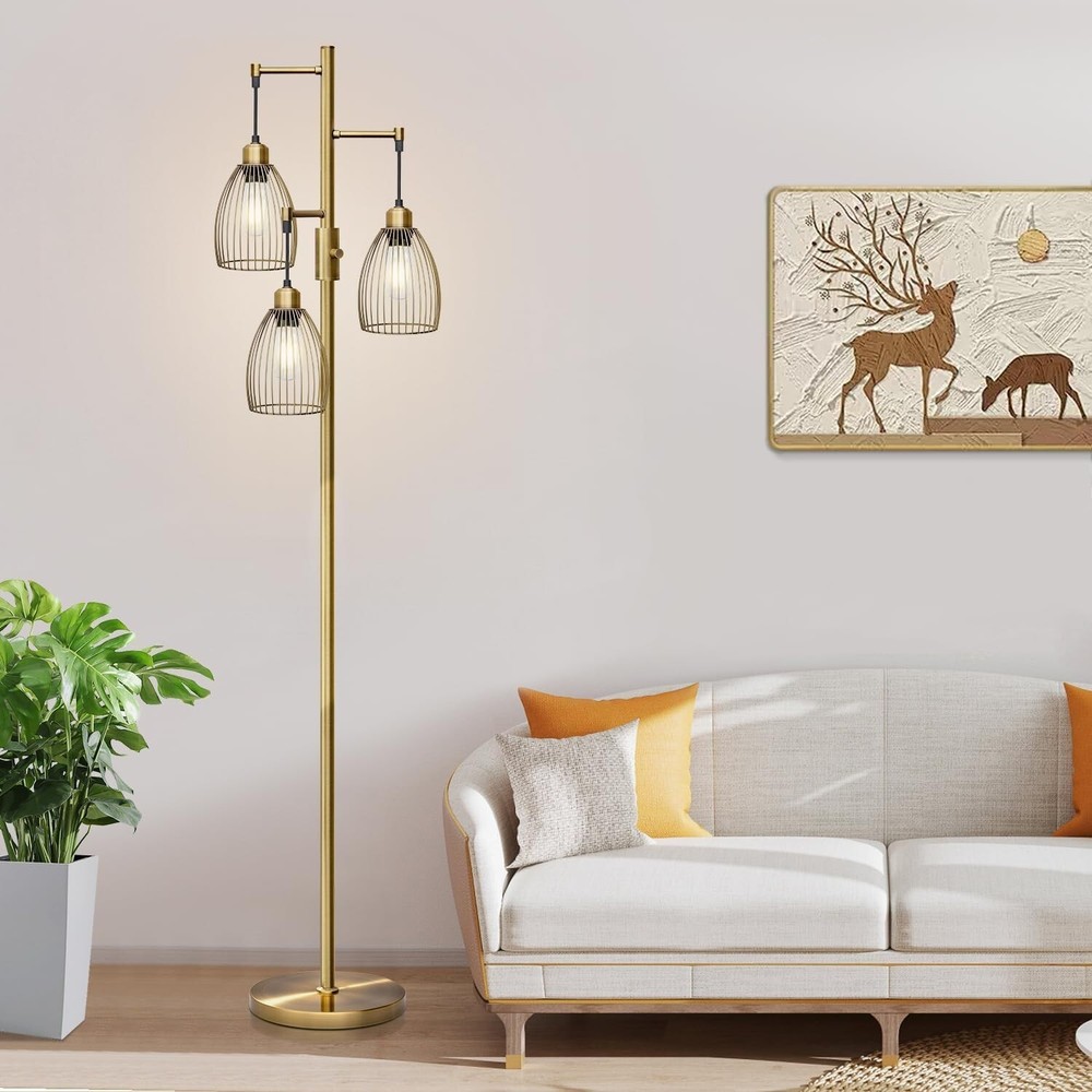 Dimmable 70'' Industrial Floor Lamp with 3 Edison Bulbs - Elegant Brass Design