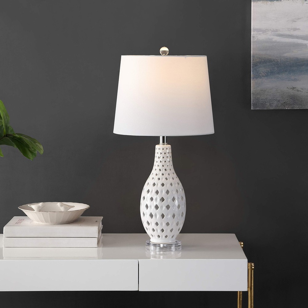 Lighting Collection Harlem Trellis White Ceramic 26-inch Table Lamp for Bedroom or Living Room