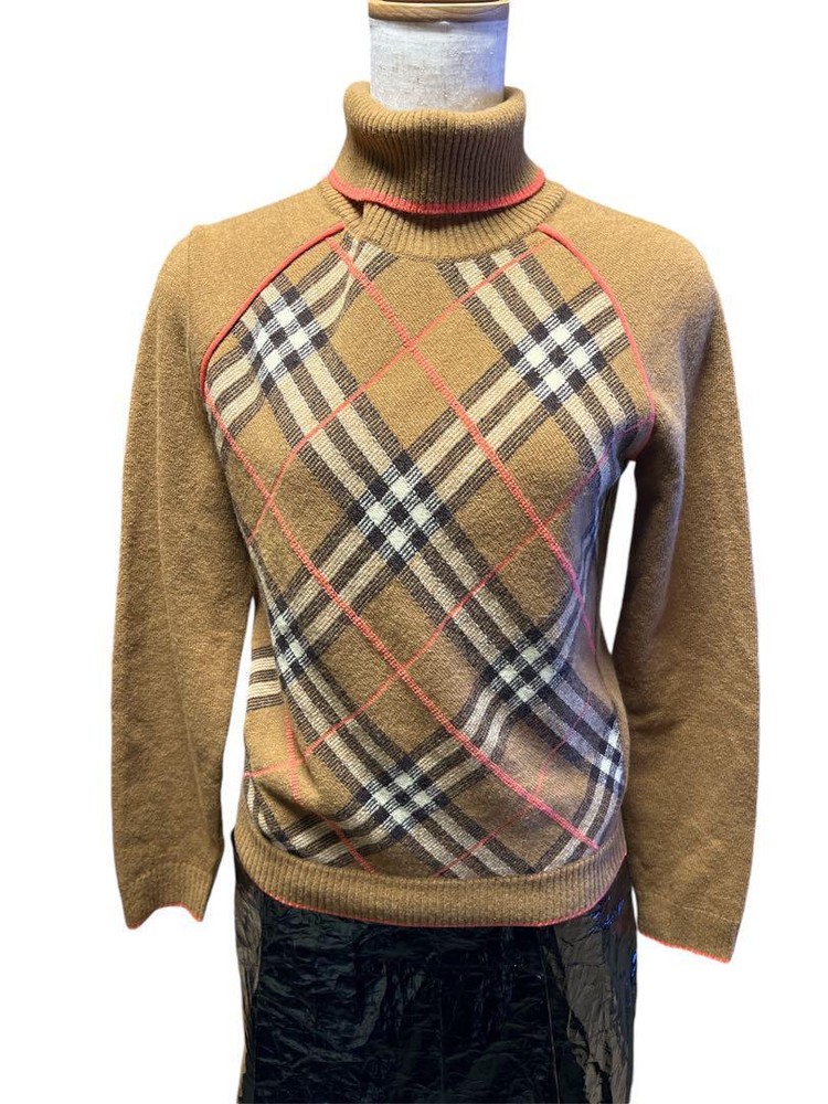 Burberry Blue Label Nova Check Turtle Knit Sweater Orange Pink New