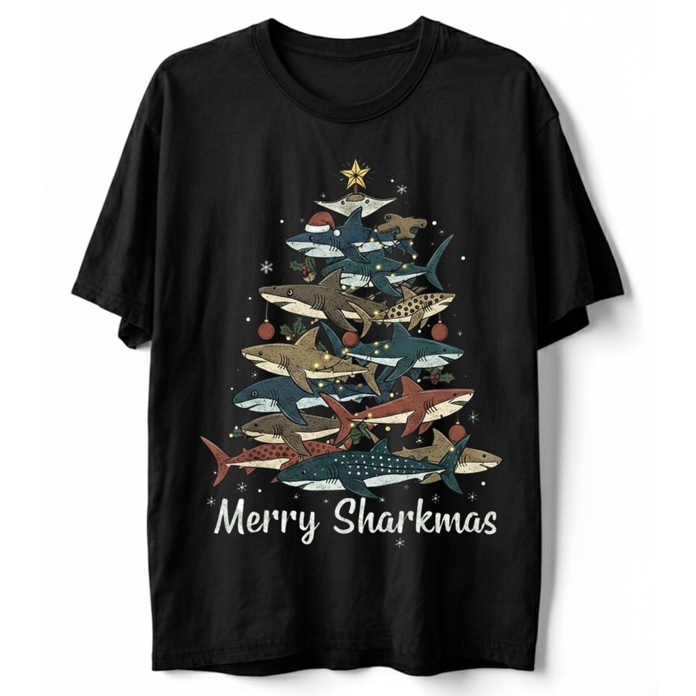 Merry Sharkmas T-Shirt Funny Shark Christmas Tree Holiday Ocean Lover Xmas Gift