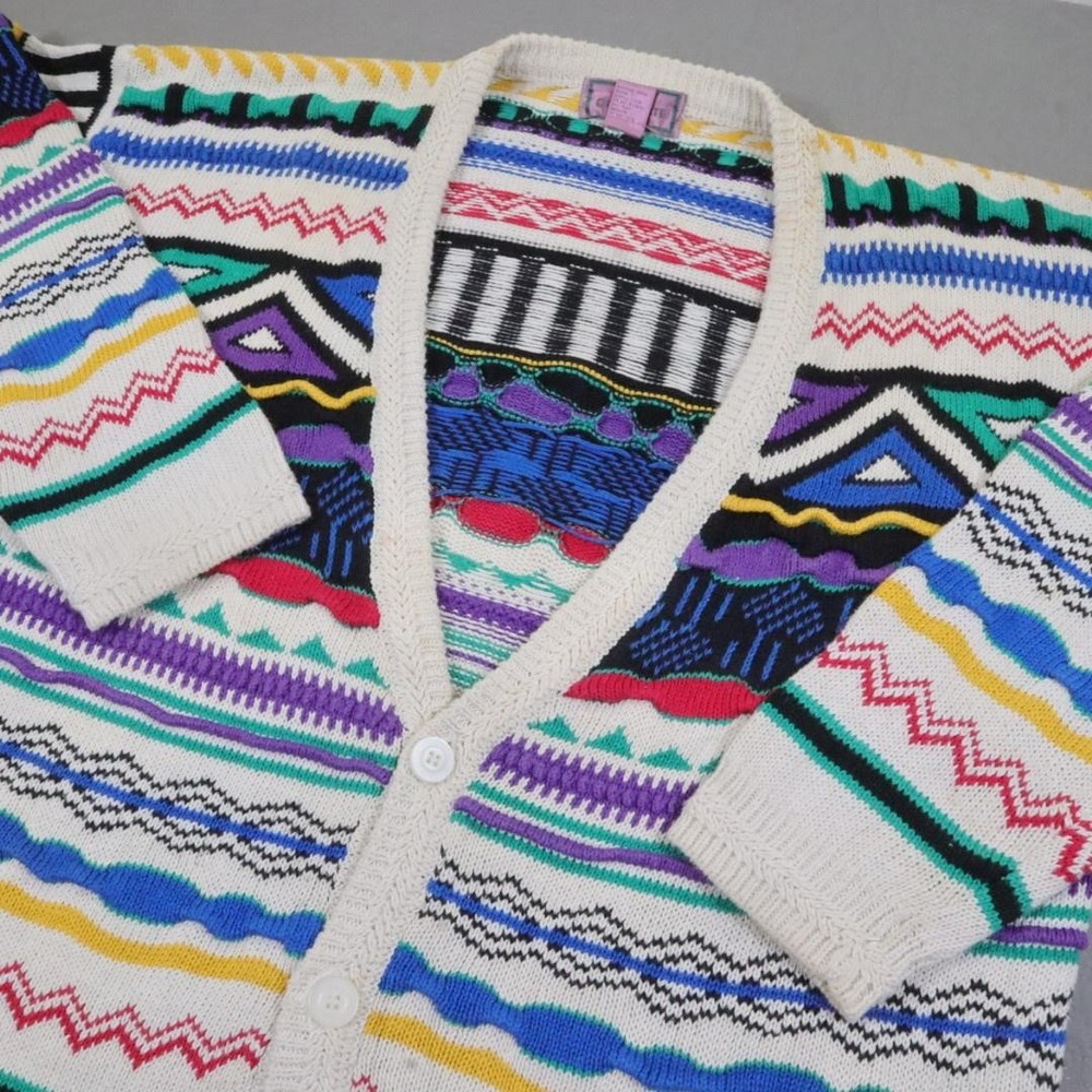 Vintage Concrete Sweater Mens XL Multicolor V Neck Cardigan Coogi Style 90s 3D