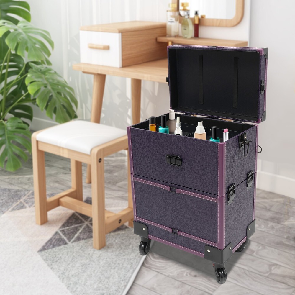 Rolling Makeup Train Case Trolley Modern7 Compartments Cosmetic Organizer+Mirror
