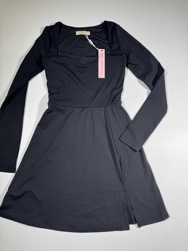 QINSEN Womens Flare Mini Dress | Square Neck Bodice, Long Sleeve, Side Slit Sz S