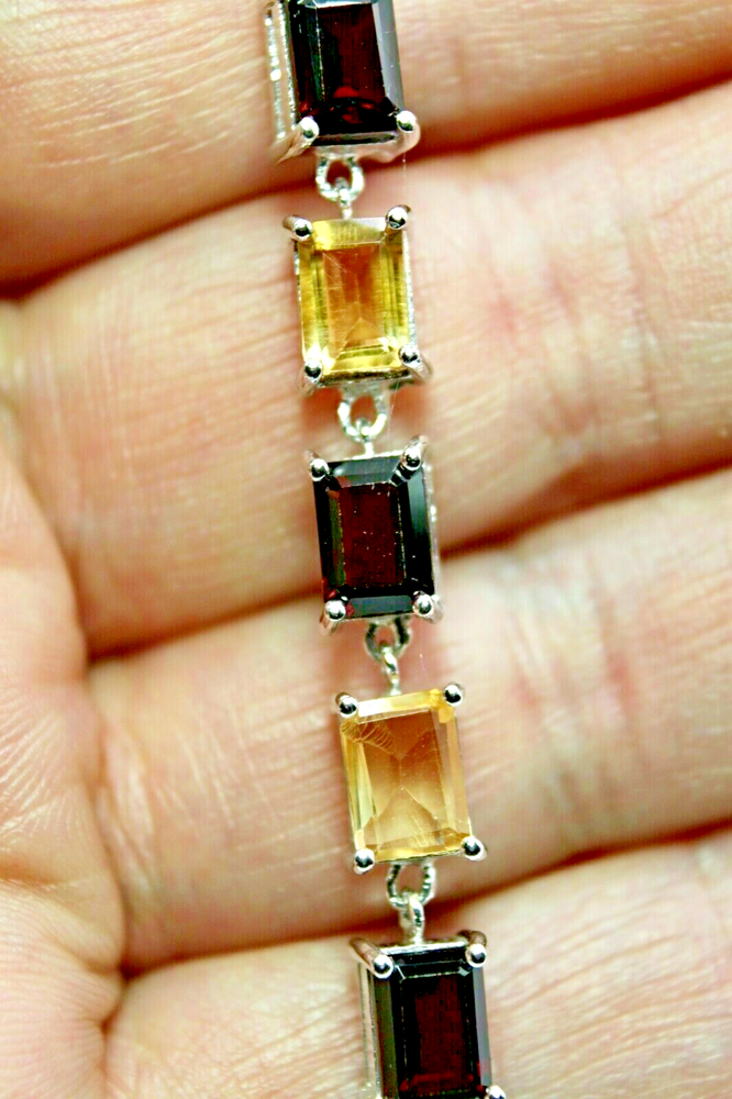Sterling Silver Bracelet with Genuine Red Garnet and Yellow Citrine Gems 7.5 Inch  