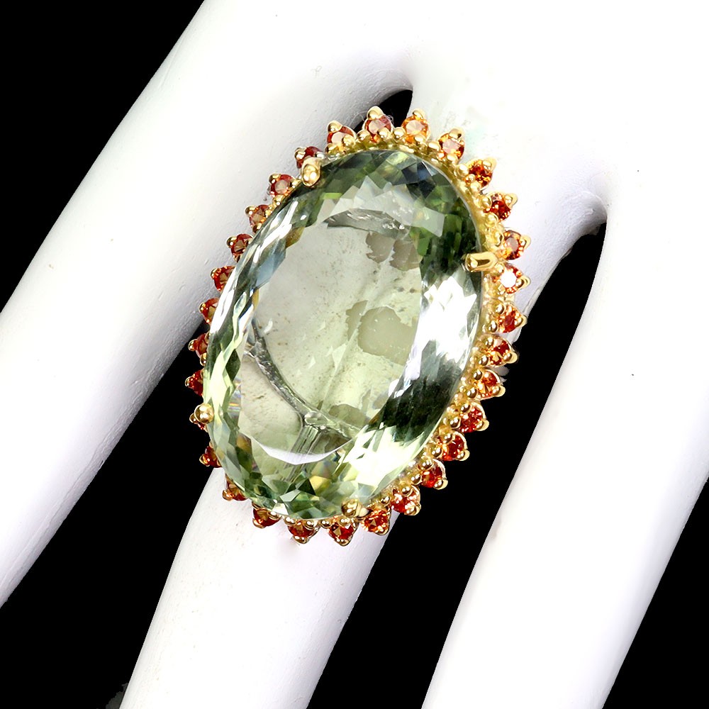 925 Sterling Silver Ring Oval Green Amethyst 36.2ct Handmade Gemstone Size 8