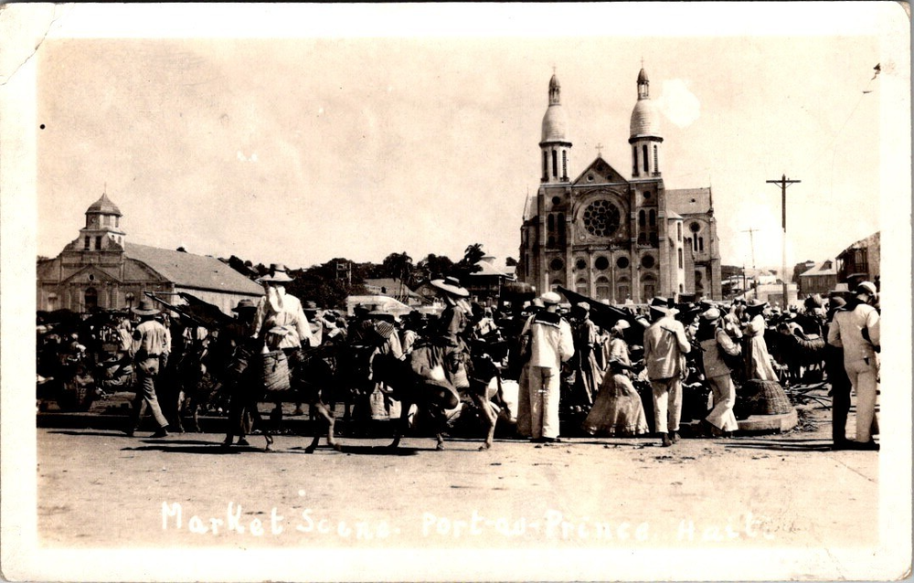 RPPC Market Scene Port-au-Prince Haiti w/ Cathedral AZO Real Photo 1910s