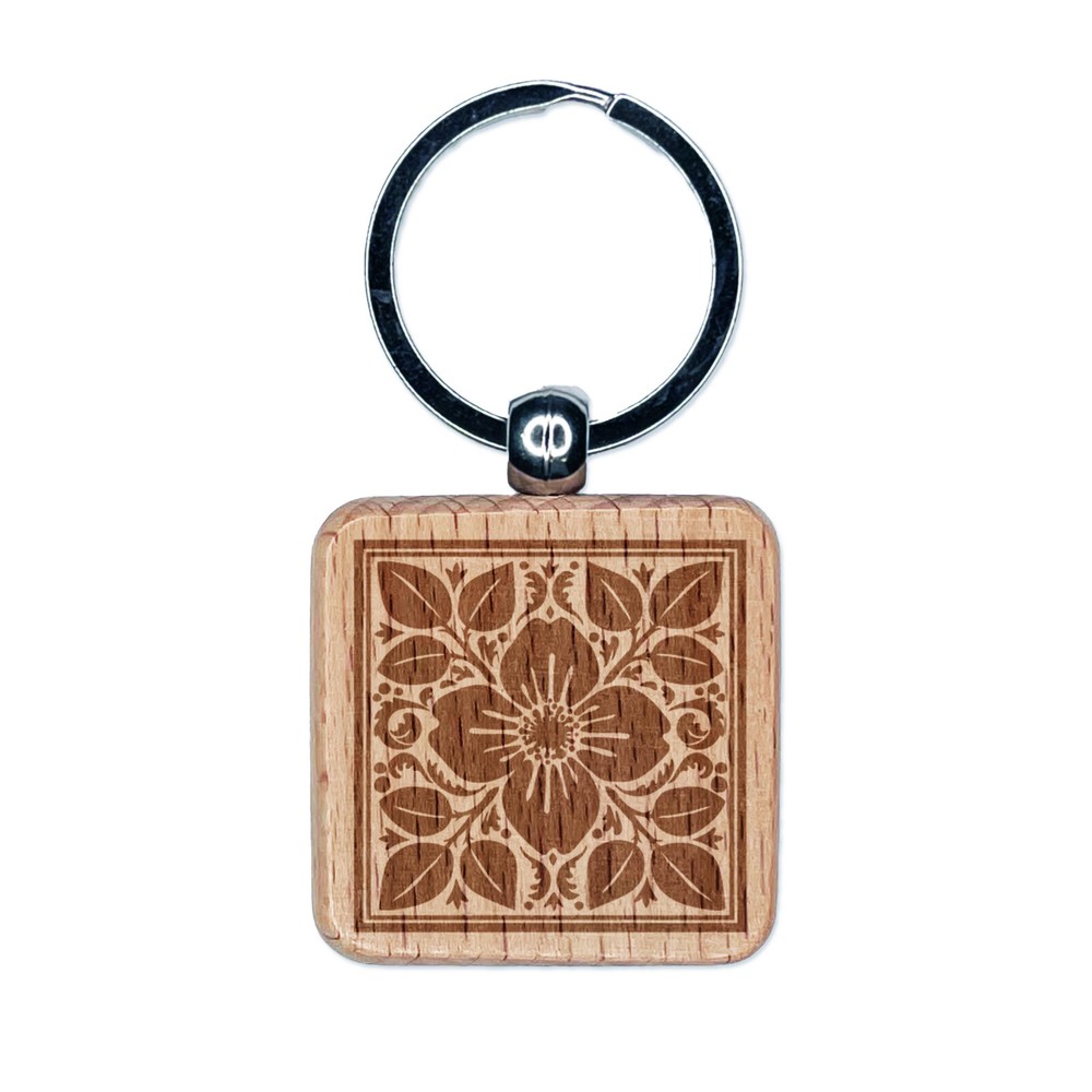 Floral Engraved Wood Square Keychain with Flower Leaf Pattern