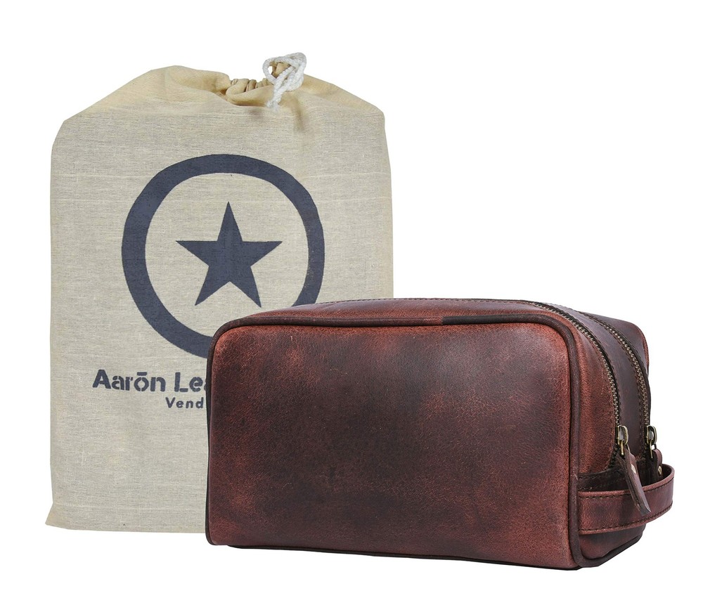 Aaron Leather Goods 10.5 Inch Brown Leather Toiletry Bag for Men & Women