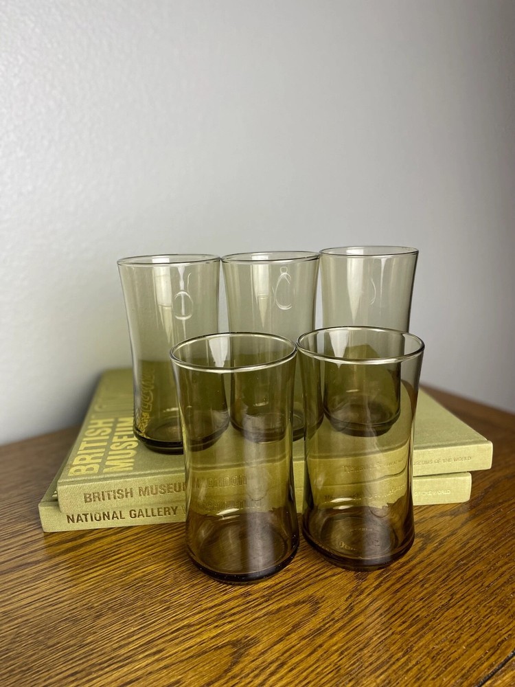 5 Vintage Libbey Tawny Brown Bolero Tumbler Glasses 16oz 5.25in