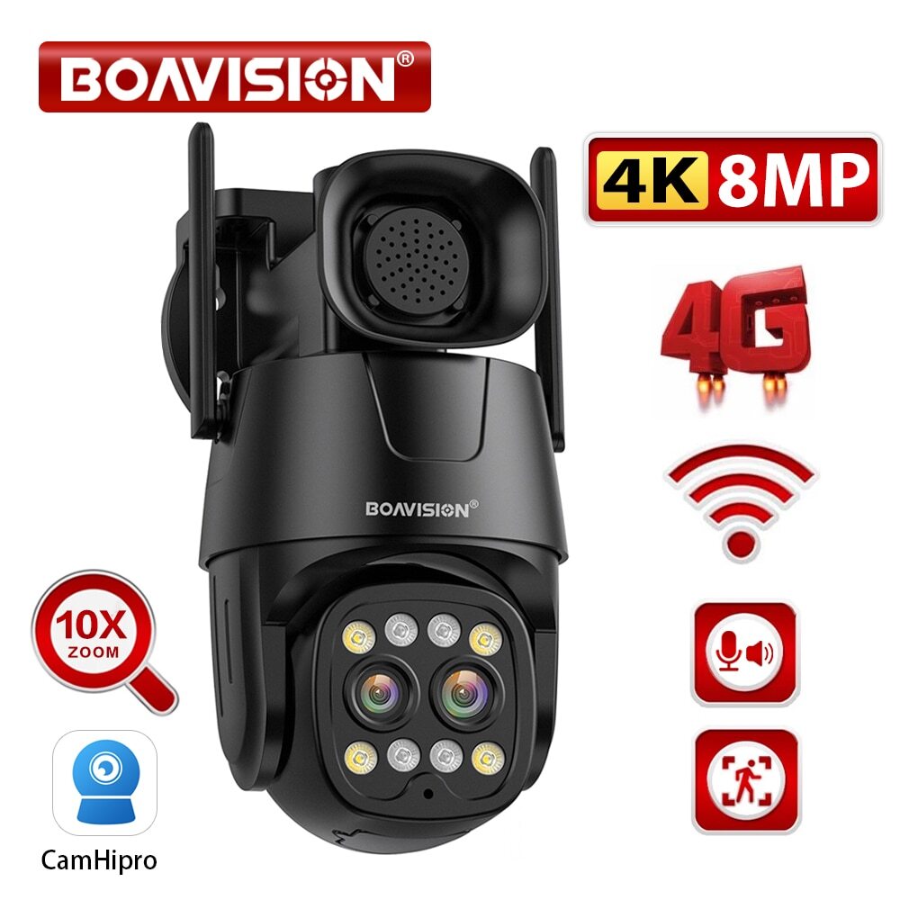 Camera Wifi/4G Sim Card PTZ 4MP 8MP Dual Lens 2.8mm-8mm 10X Zoom Human Tracking