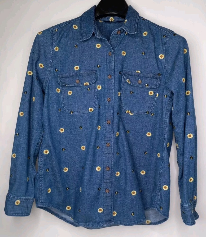 Lands End Womens Blue Denim Shirt with Sunflower Bee Embroidery Size Small