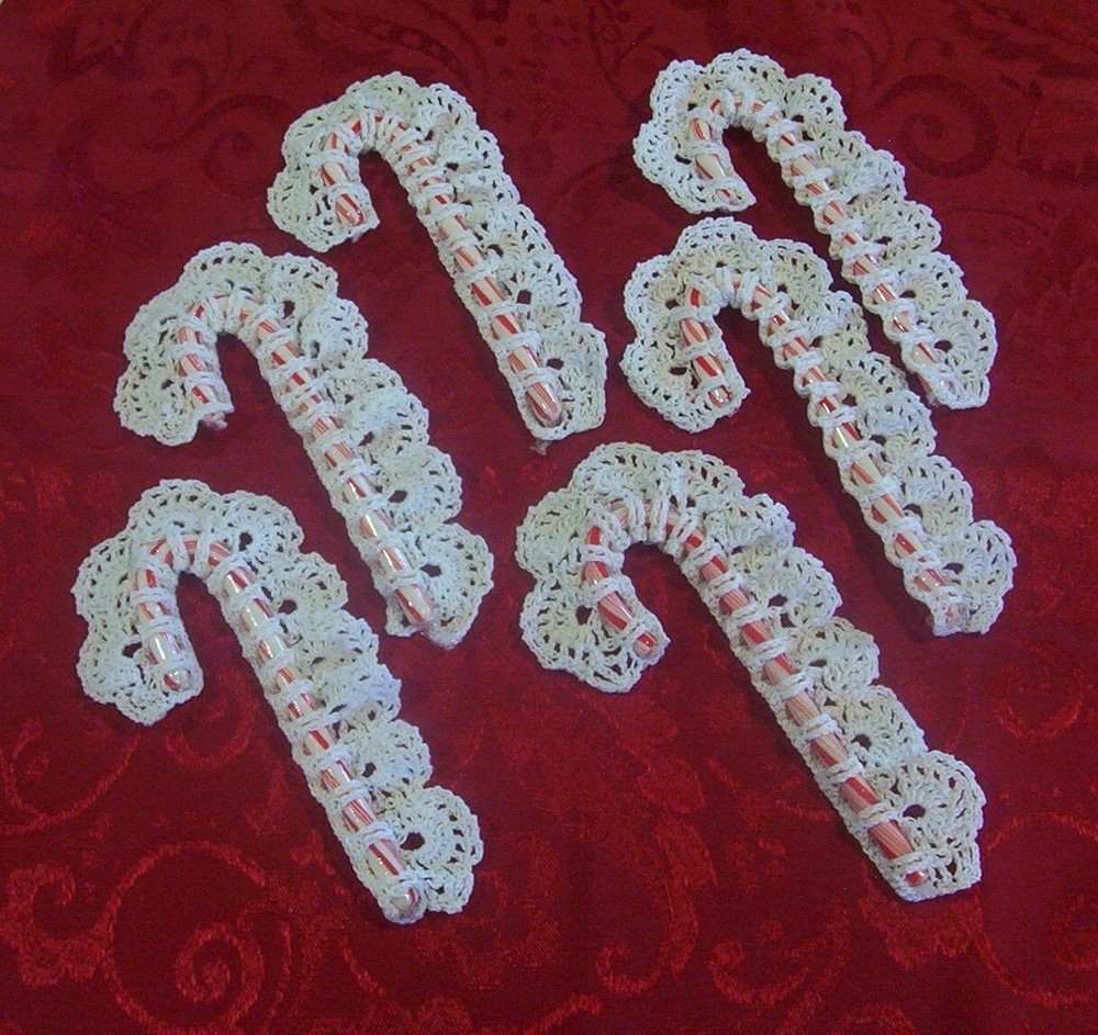 Set of 6 White Crocheted Candy Cane Holders Christmas