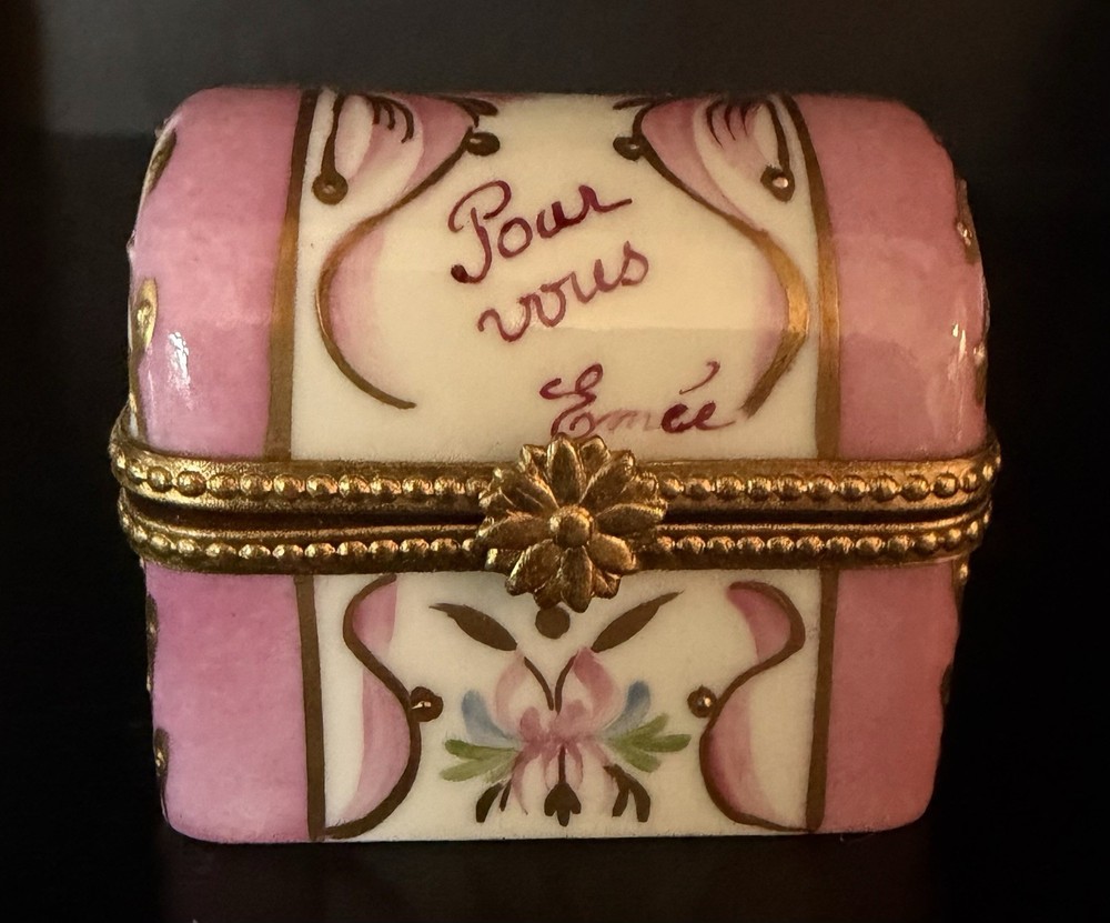 Vintage Limoges Porcelain Pink Trunk Trinket Box Gold Trim Floral Design