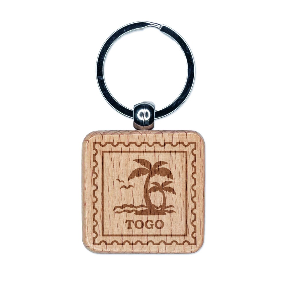 Togo Travel Palm Tree Beach Ocean Waves Engraved Wood Square Keychain Tag Charm