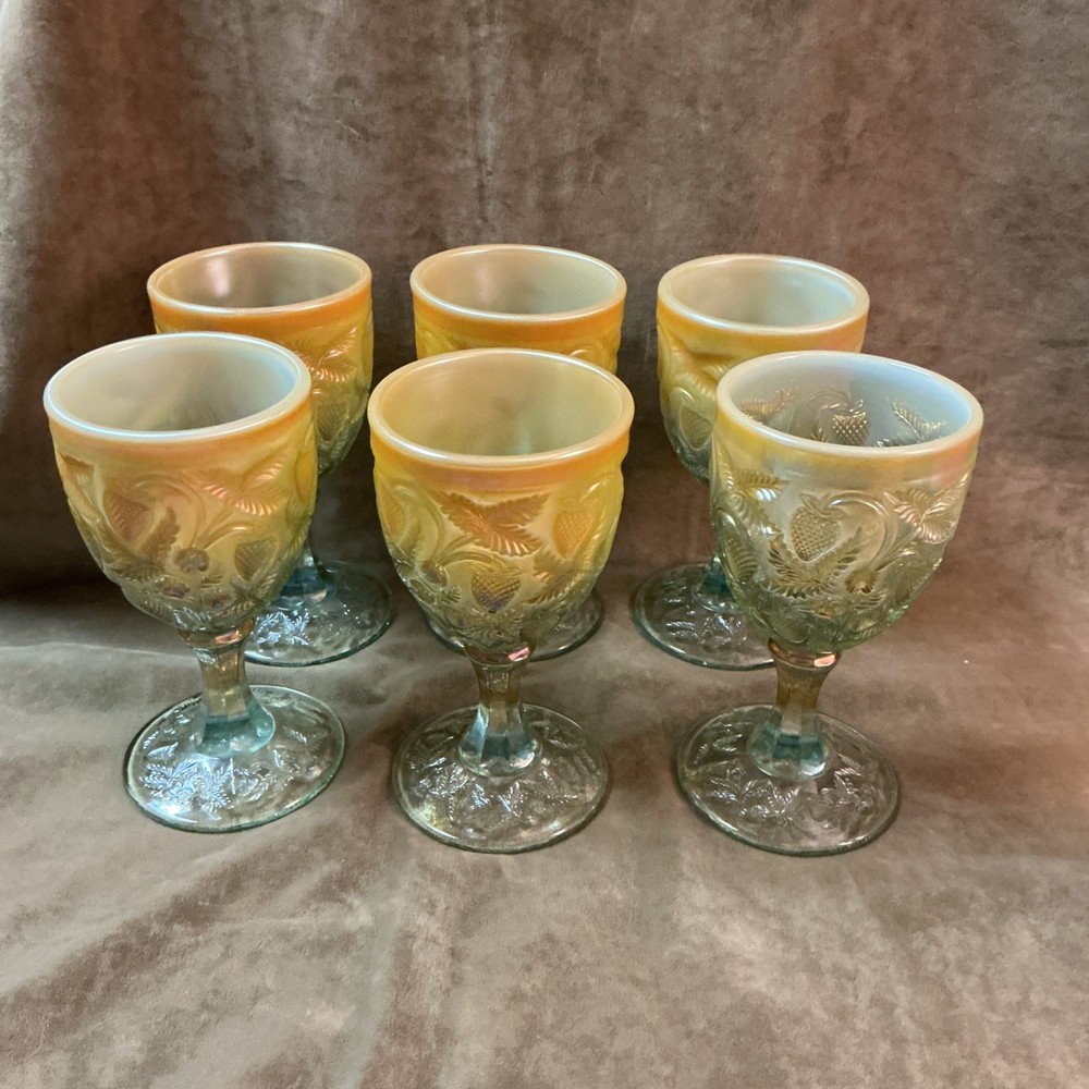 Vintage 1980s Fenton Aqua opal carnival glass inverted strawberry Levay goblets