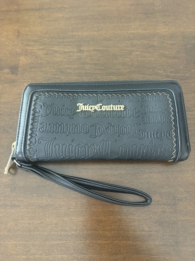 Juicy Couture Black Women's Wristlet Wallet Logo Zipper Folding Credit Card