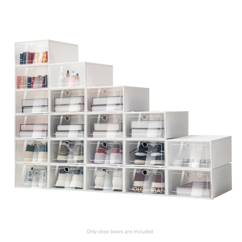 20pc Large Plastic Shoe Storage Boxes Drawer Stackable Foldable Organiser Clear