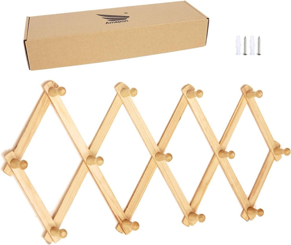 AMAPON Expandable Wooden Coat Rack with 13 Hooks - Accordion Style Wall Mount