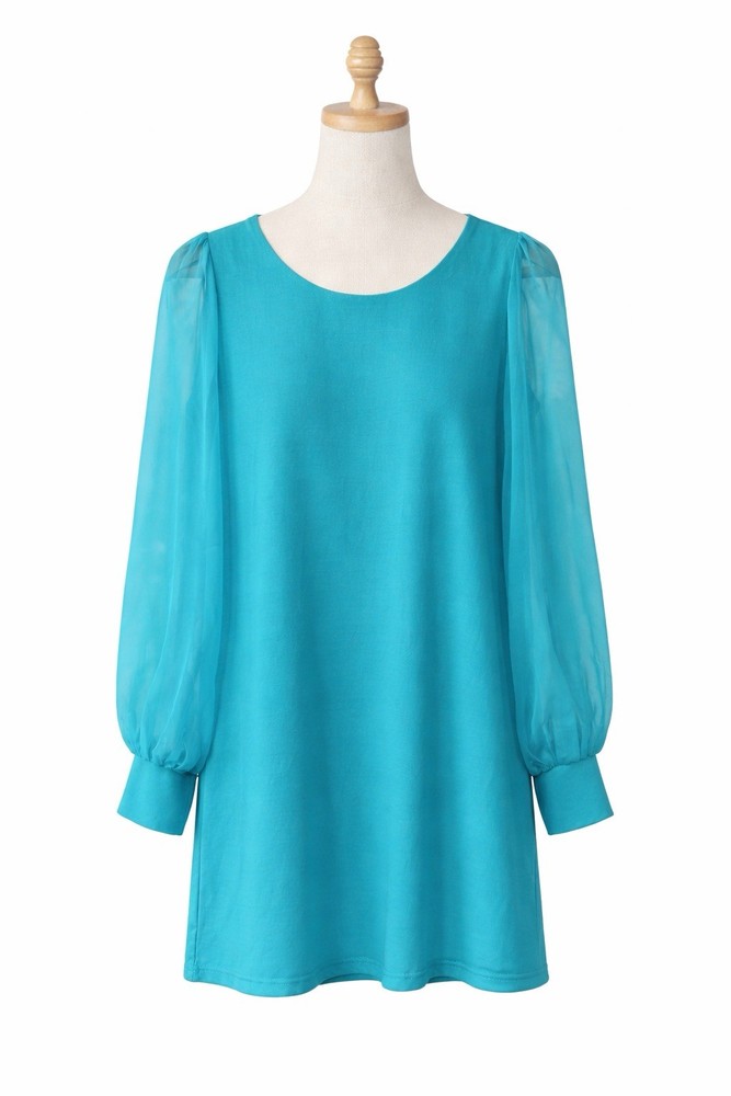 Womens Teal Long Sleeve Tunic Top Sheer Chiffon Sleeves Stretch Jersey UK 12 *