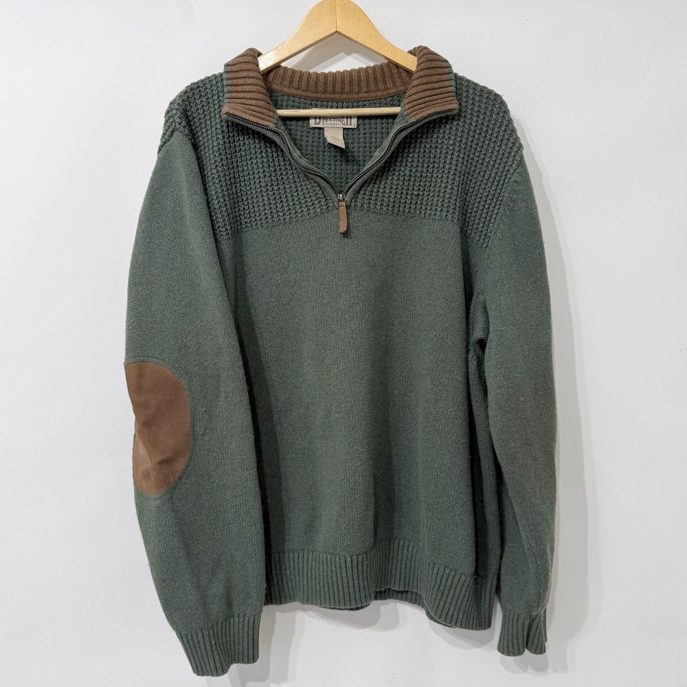 Duluth Trading Co Green Cotton Wool Quarter Zip Sweater Mens 2XL Elbow Patches