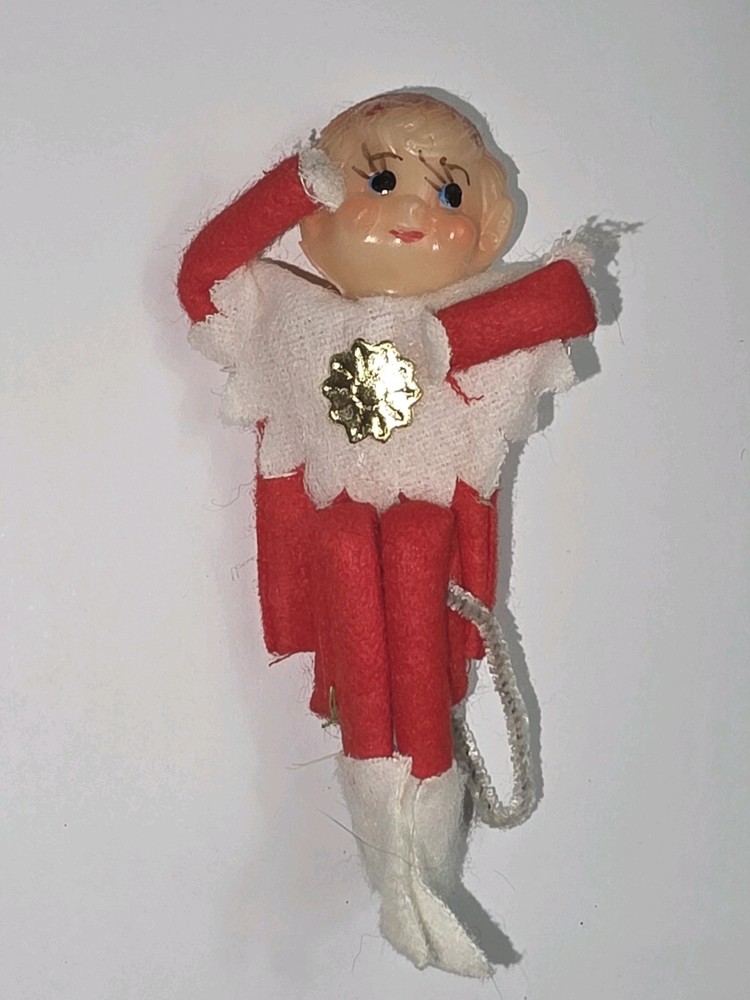 Vintage 1950s Rubber Face Felt Elf Pixie Christmas Ornament Tie-On Decoration