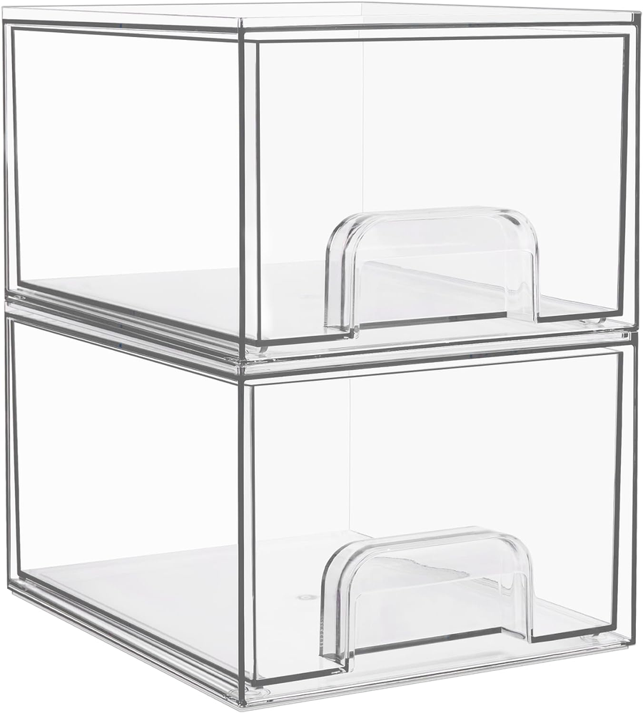 2 Pack Clear Stackable Acrylic Makeup Organizer Drawers 4.4 Inch Tall